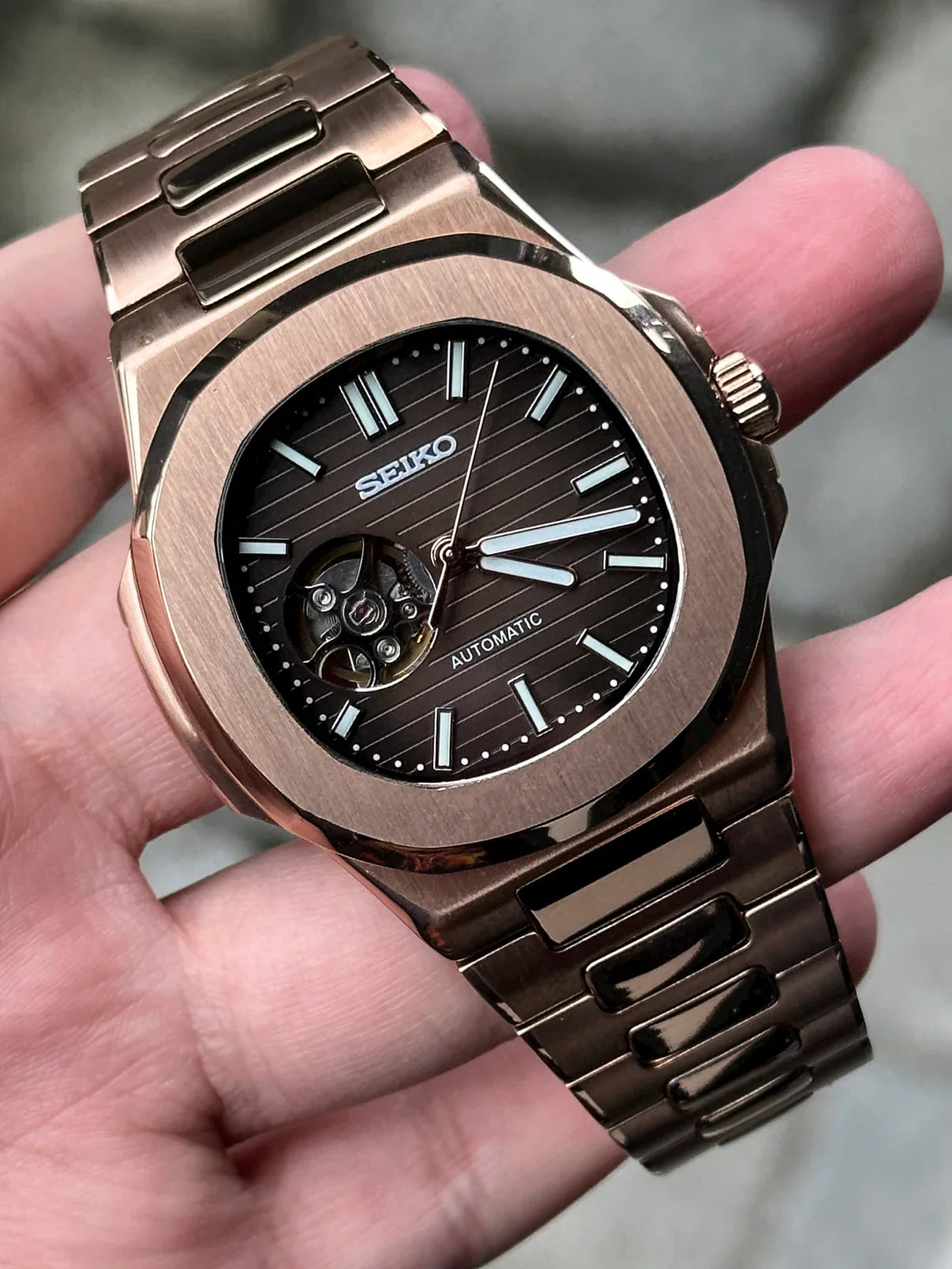 NAUTILUS MOD ROSE GOLD ( DARK BROWN DIAL OPEN HEART )