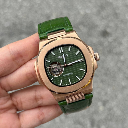 Nautilus Green Leather Rose Gold Mod (Open Heart)