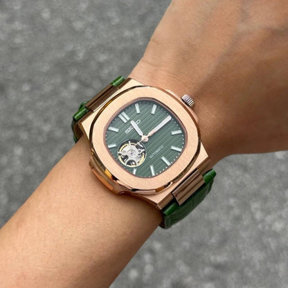 Nautilus Green Leather Rose Gold Mod (Open Heart)