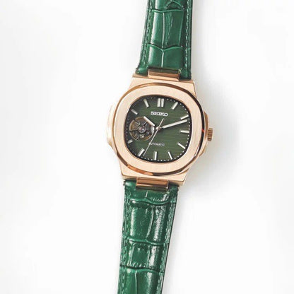 Nautilus Green Leather Rose Gold Mod (Open Heart)